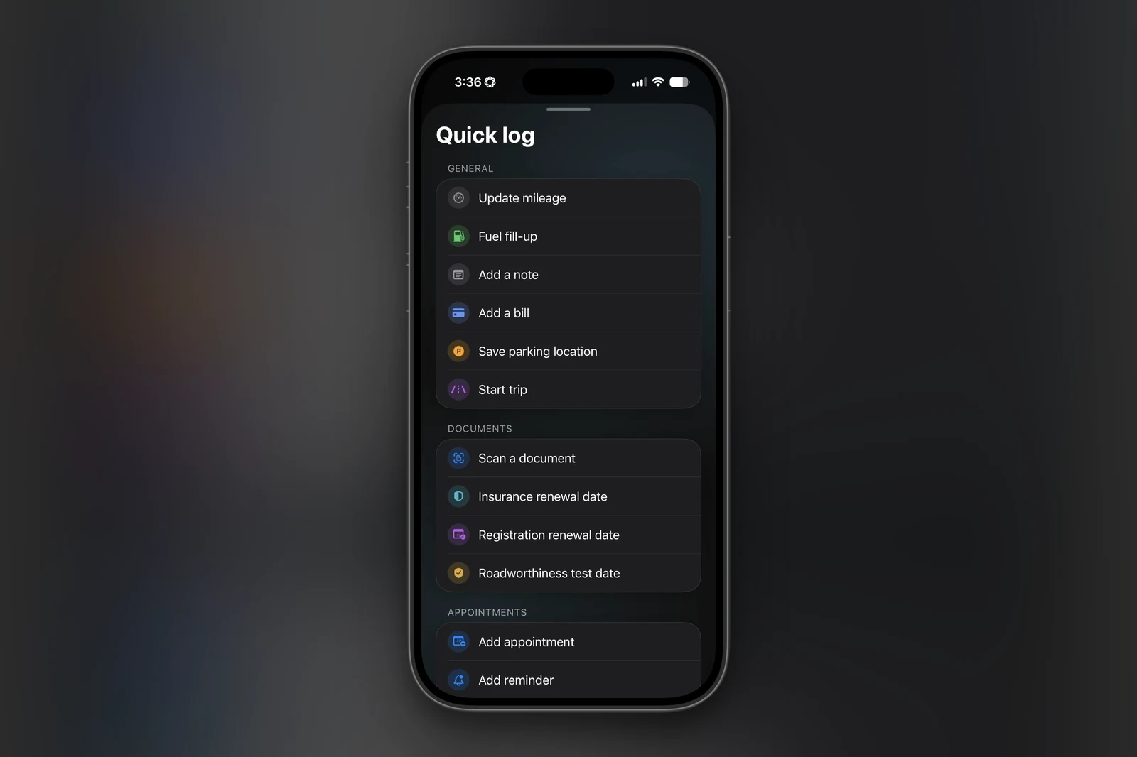 Quick Log, a single sheet for capturing mileage, fuel, bills, parking, documents, and appointments from anywhere in the app.