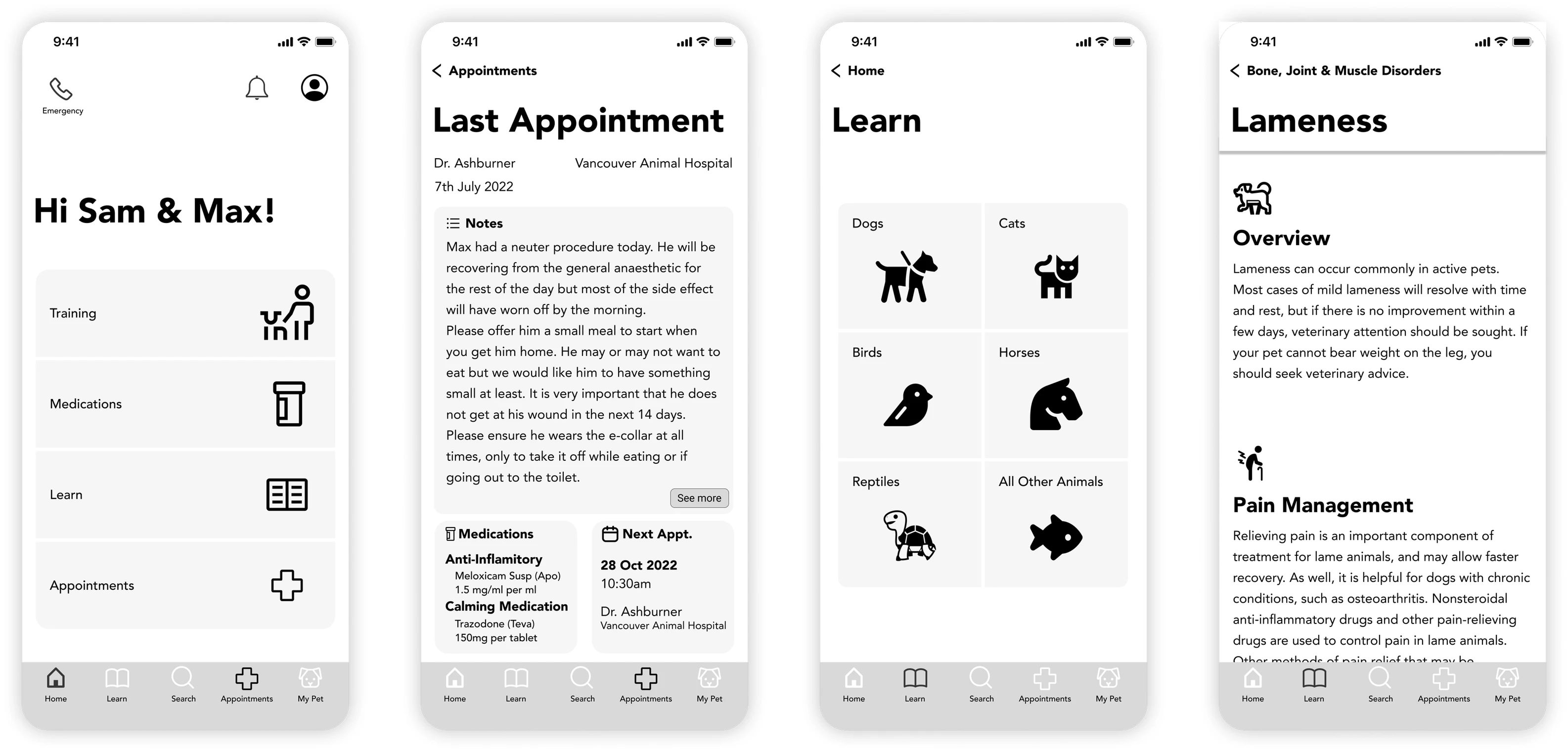 Low-fidelity prototype screens